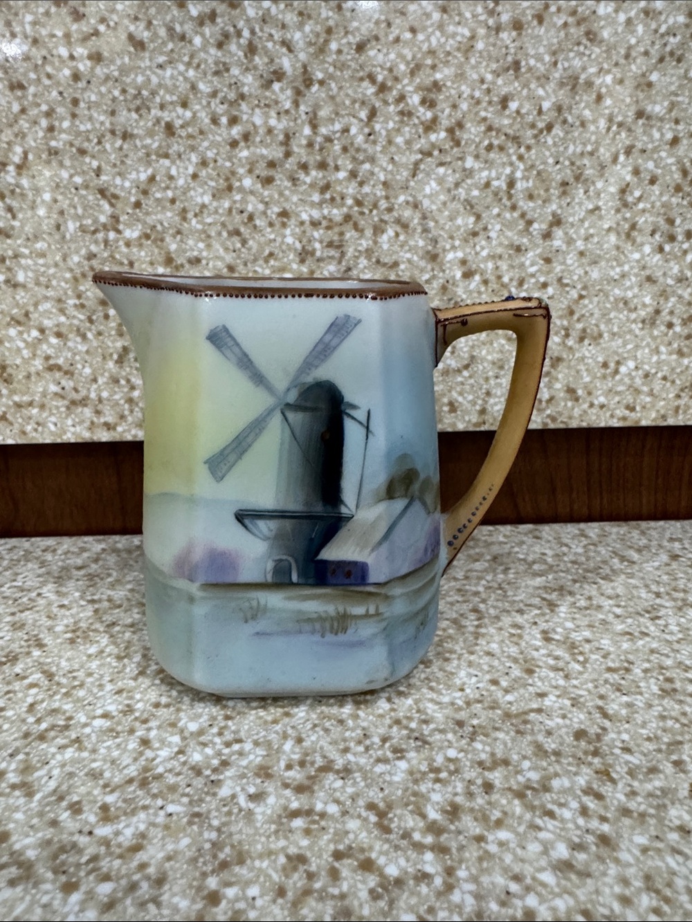 Hand-Painted Ceramic Pitcher with Windmill Motif in Soft Blue and Cream